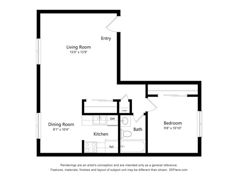 Floor plan for 1 bed, 1 bath, 590 sqft